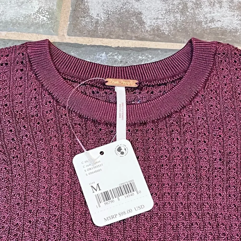 NWT FREE PEOPLE H2O Crew Raw Garnet Sheer Long Sleeves Size M (D-286)